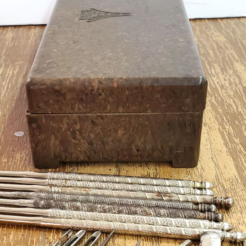 Antique Art Deco Bakelite Box Leather Awls Curved Sewing Needles Tweezers Picks - Picture 11 of 16